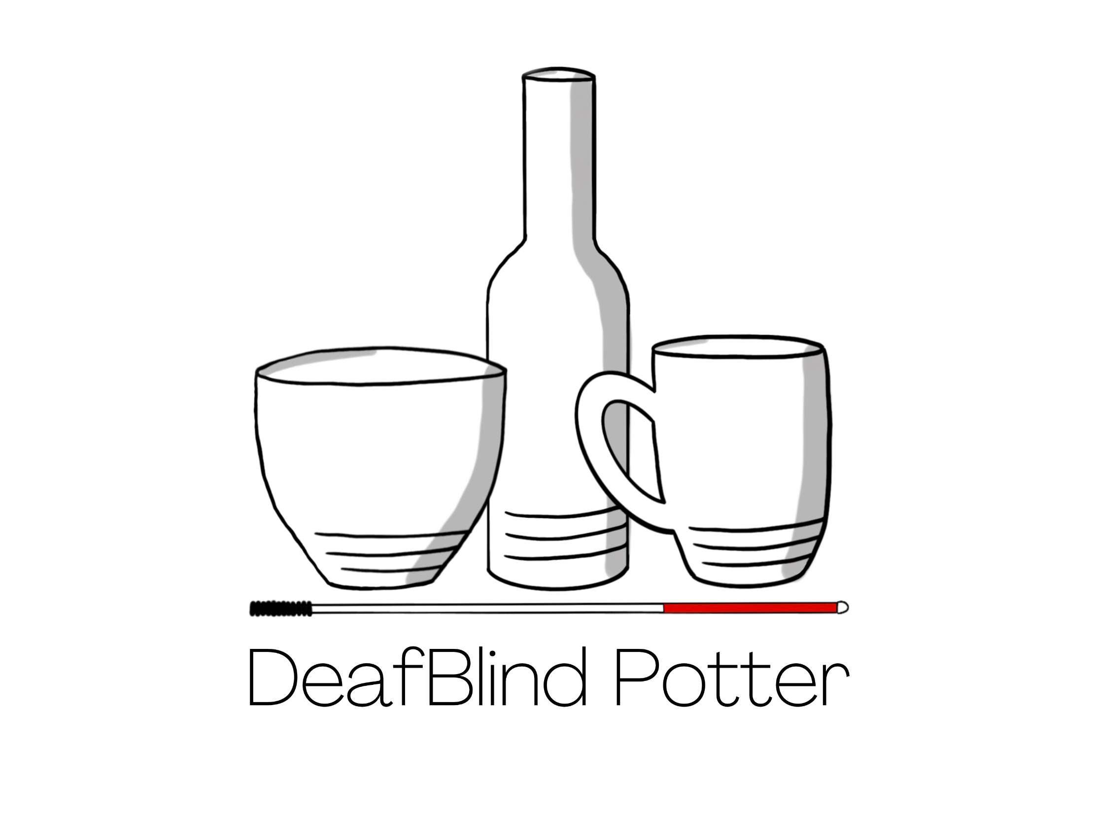 DeafBlind Potter logo with bowl, bottle, mug outlined. With a white cane as a table 