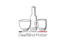 DeafBlind Potter logo with bowl, bottle, mug outlined. With a white cane as a table