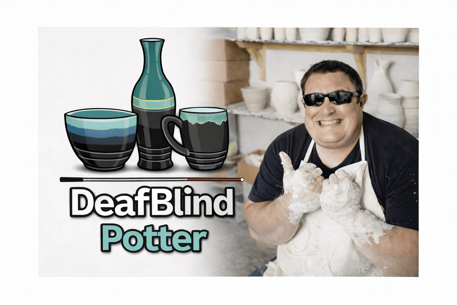 Kelvin with his thumbs up and a deafblind Potter logo on the left of him 